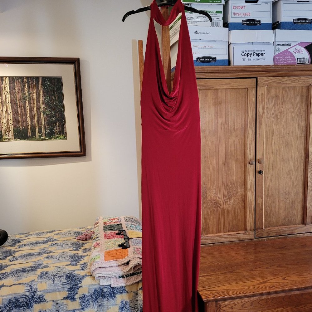 Mock neck collar, draped, backless, ruched dark red maxi dress, unworn, size L
